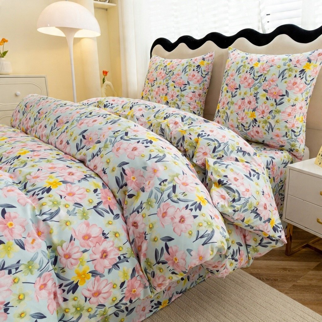 Zdjęcie przedstawiające Komplet pościeli białej z kwiatami, przewiewna mikrofibra