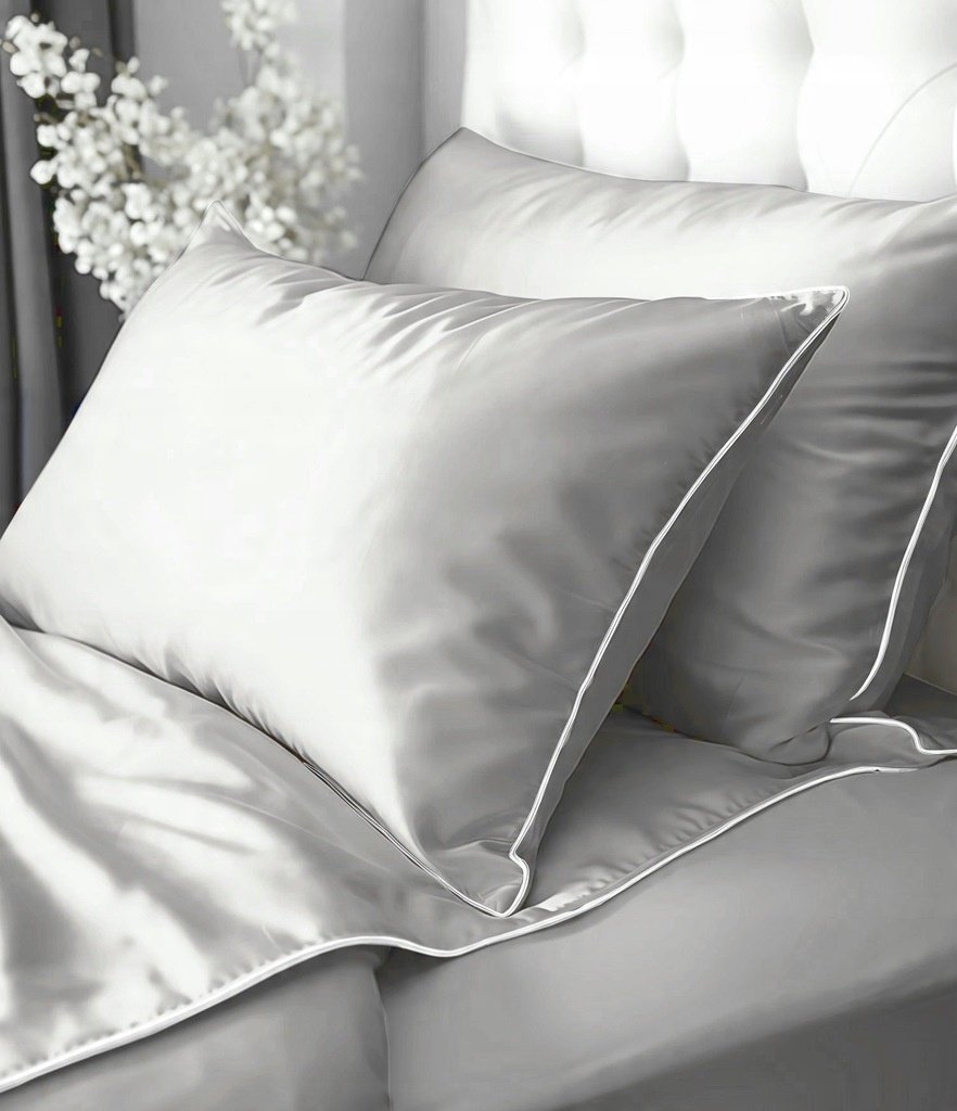 Zdjęcie przedstawiające Jasnoszara pościel satynowa z dwoma poszewkami 180x200