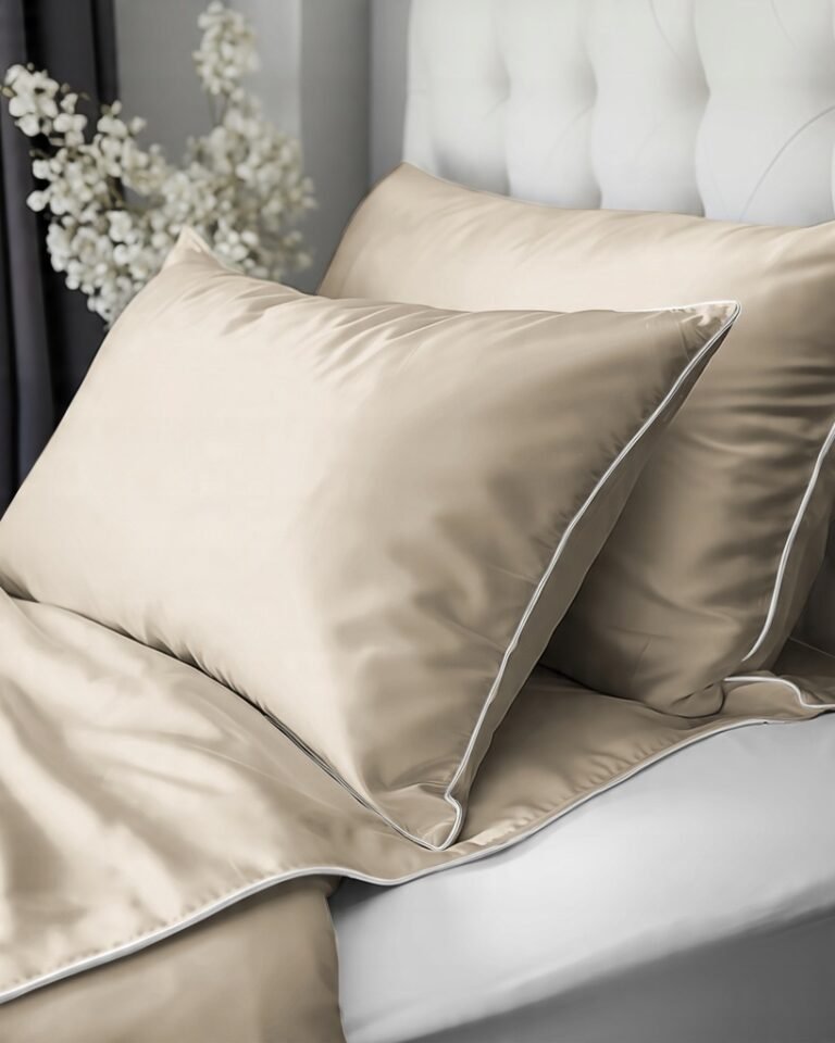 Zdjęcie przedstawiające Beżowy komplet pościeli 180x200 cm, makosatyna 100% bawełna, delikatny połysk i elegancki wygląd