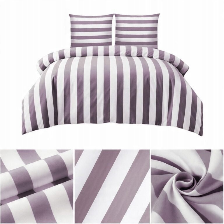 Zdjęcie przedstawiające Komplet pościeli fioletowej w paski z mikrofibry