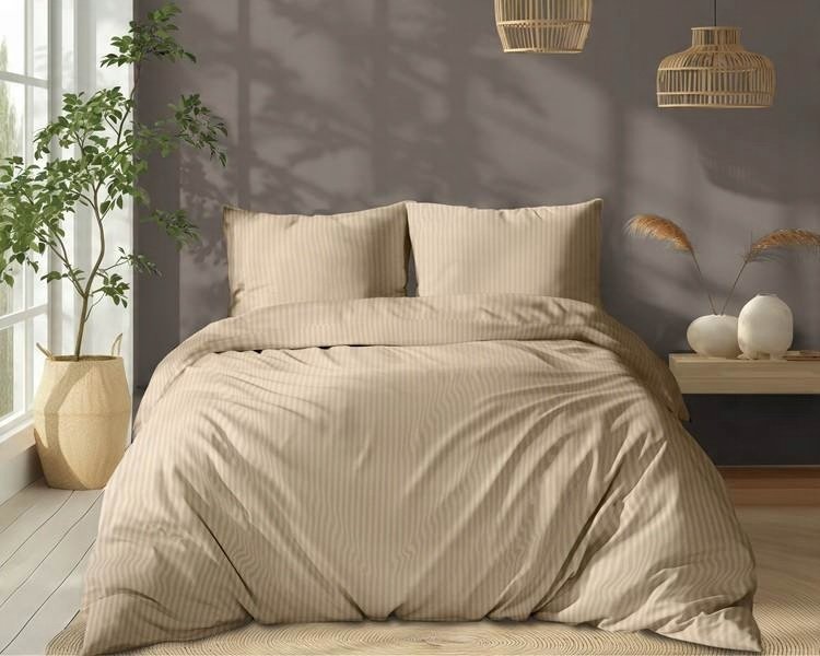 Zdjęcie przedstawiające Piaskowa pościel z bawełny 100% – elegancki komplet 160x200 z dwiema poszewkami