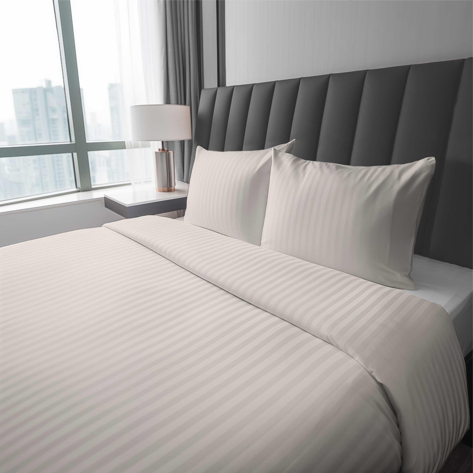 Zdjęcie przedstawiające Pościel w kolorze ecru wykonana z adamaszku bawełnianego, zdobiona eleganckim wzorem w delikatne pionowe pasy.