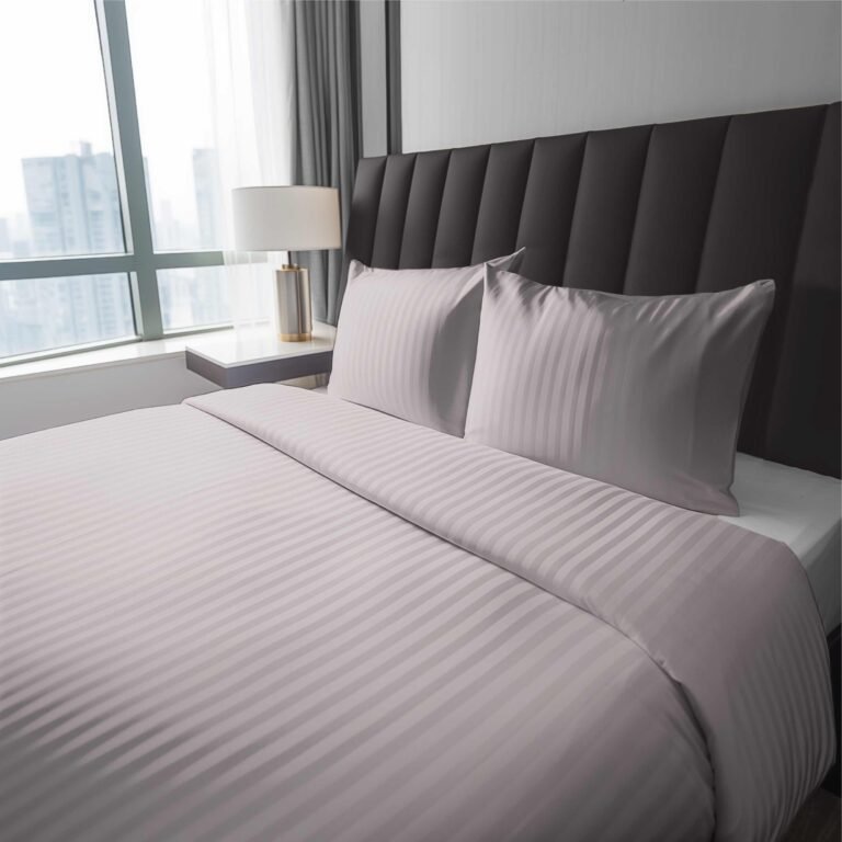 Zdjęcie przedstawiające Zestaw pościeli pudrowy róż z bawełny 100% w eleganckie paski