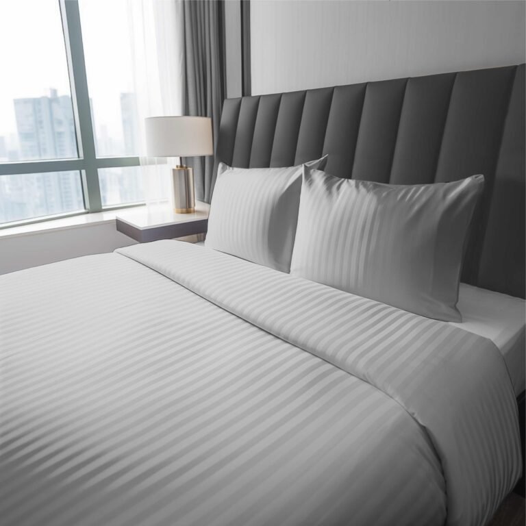 Zdjęcie przedstawiające Komplet pościeli adamaszkowej w kolorze srebrnym z eleganckim wzorem w paski, ułożony na łóżku w nowoczesnej sypialni z dużym oknem i szarą tapicerowaną ramą.