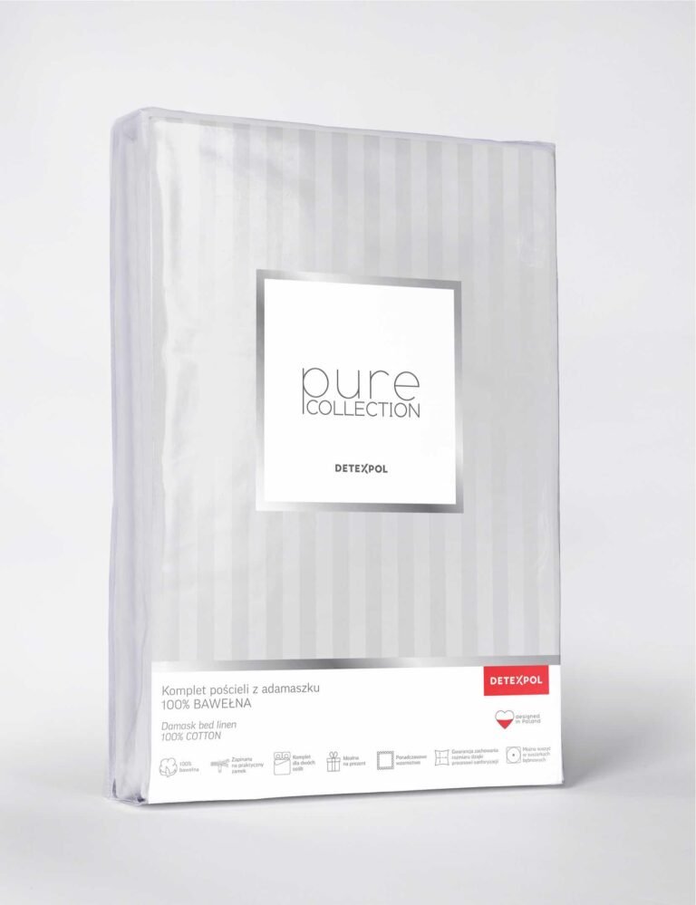 Zdjęcie przedstawiające Opakowanie kompletu pościeli z damasceńskiej bawełny w kolorze srebrnym z kolekcji Pure Collection marki Detexpol.