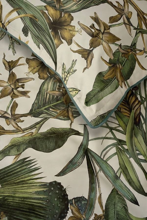 Zdjęcie przedstawiające Pościel w kwiaty 160x200 komplet bawełniany kremowo-zielony